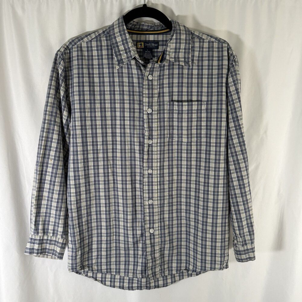 Duck Head Jeans Shirt Boy's Large Blue Yellow Plaid Button Up Long Sleeve Cotton